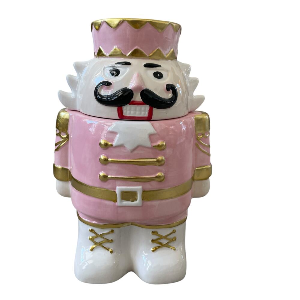 NEIMAN MARCUS Pink Nutcracker Cookie Jar In Holiday Gift Box NEW